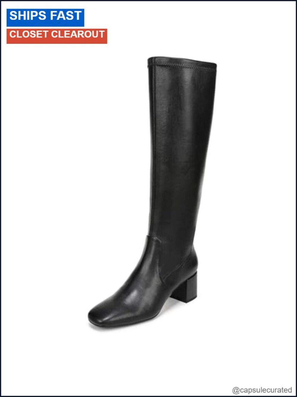 Knee High Boots Block Heel Square Toe Zip Faux Leather